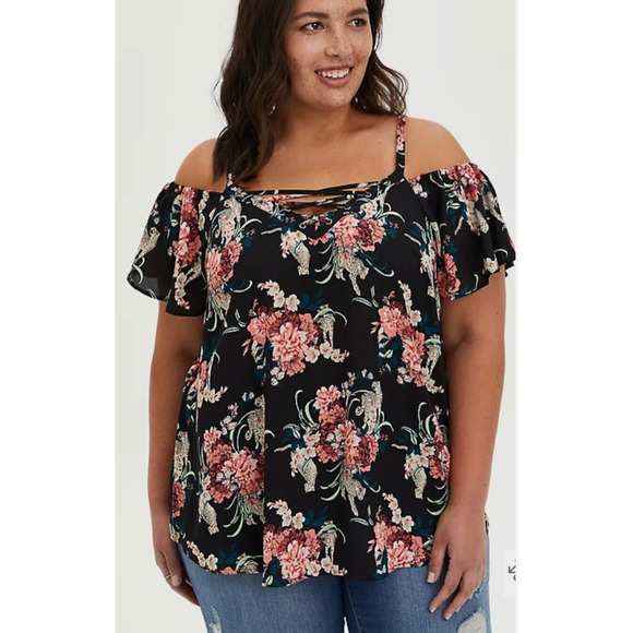 Torrid Size 2 Plus Georgette Lace-Up Cold Shoulder Top - Black Floral Blouse - Picture 1 of 11